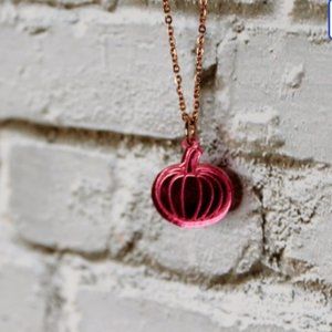 Tiny Pink Pumpkin Necklace  - Pink Acrylic Pendant with 18 inch Gold Chain